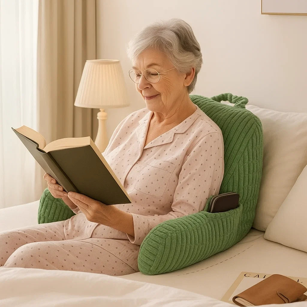 Reading Pillow with Arms & Pockets – Gentle Back Support for Seniors