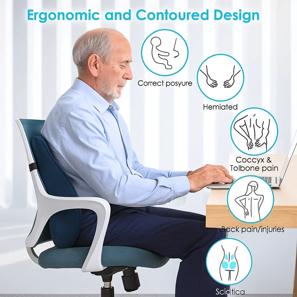 Memory Foam Lumbar Support Pillow – Back Support for Office, Car & Home Chairs