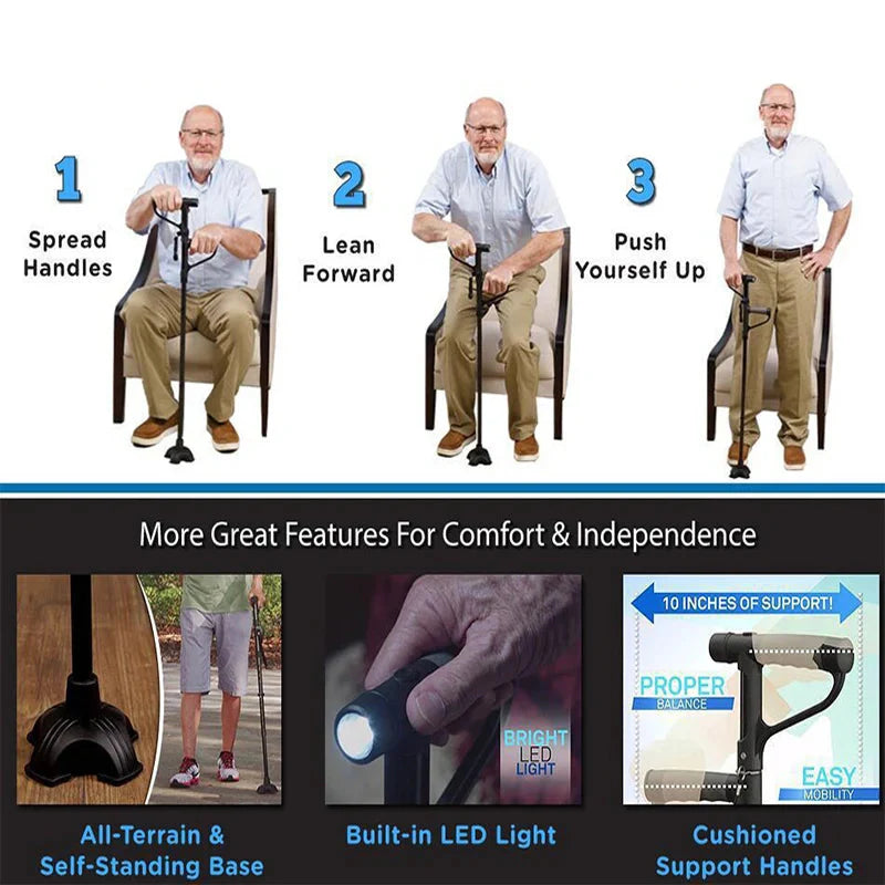 Foldable Walking Cane for Seniors – LED Light & Dual Handle