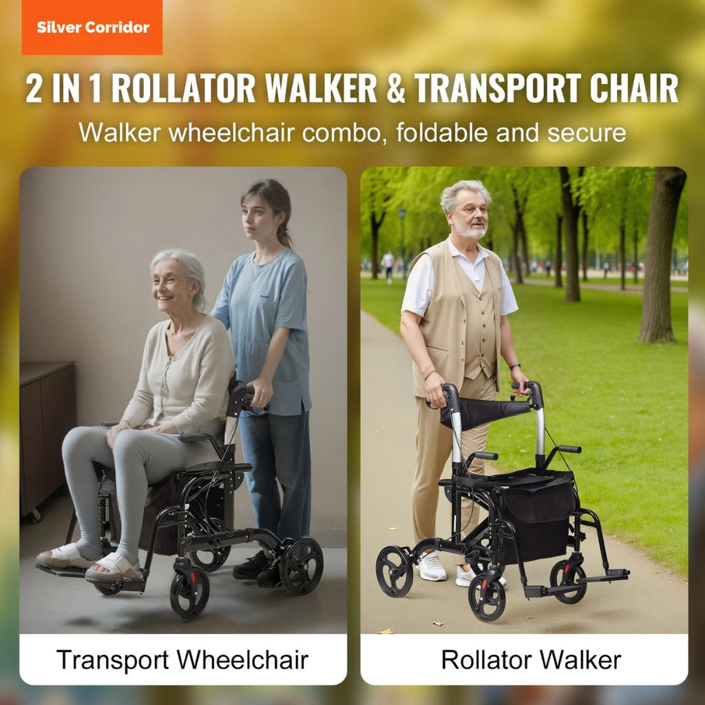 2-in-1 Rollator Walker & Wheelchair – Foldable, Lightweight for Seniors